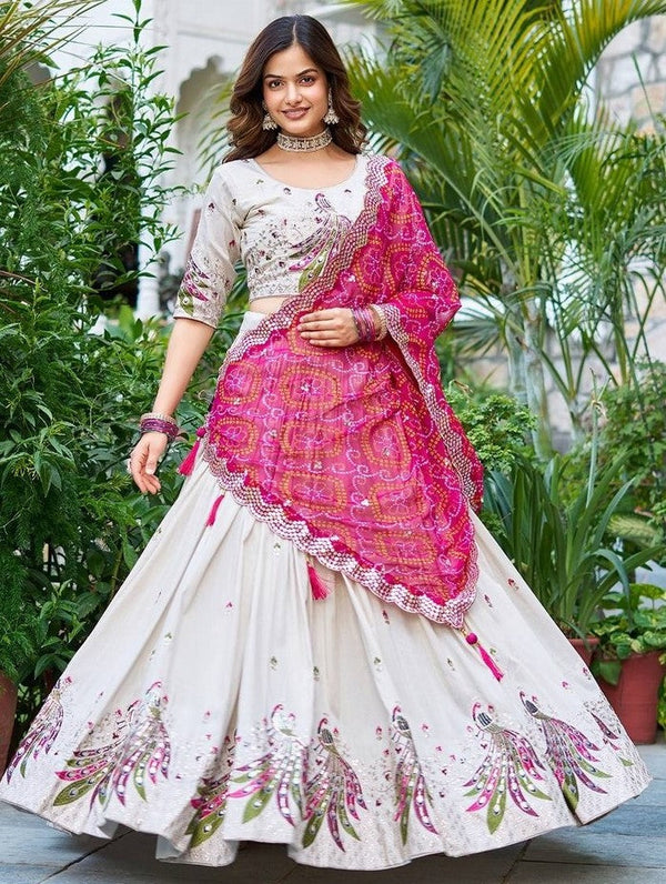 Lovely Cream Color Silk Fabric Party Wear Lehenga