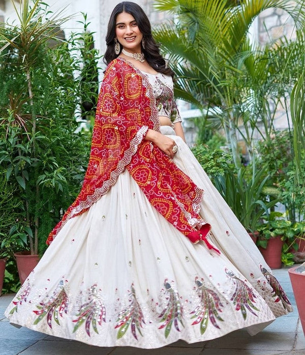 Lovely Cream Color Silk Fabric Party Wear Lehenga
