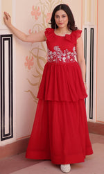 Ideal Red Color Blooming Fabric Gown