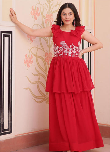 Ideal Red Color Blooming Fabric Gown