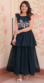 Ideal Teal Color Blooming Fabric Gown