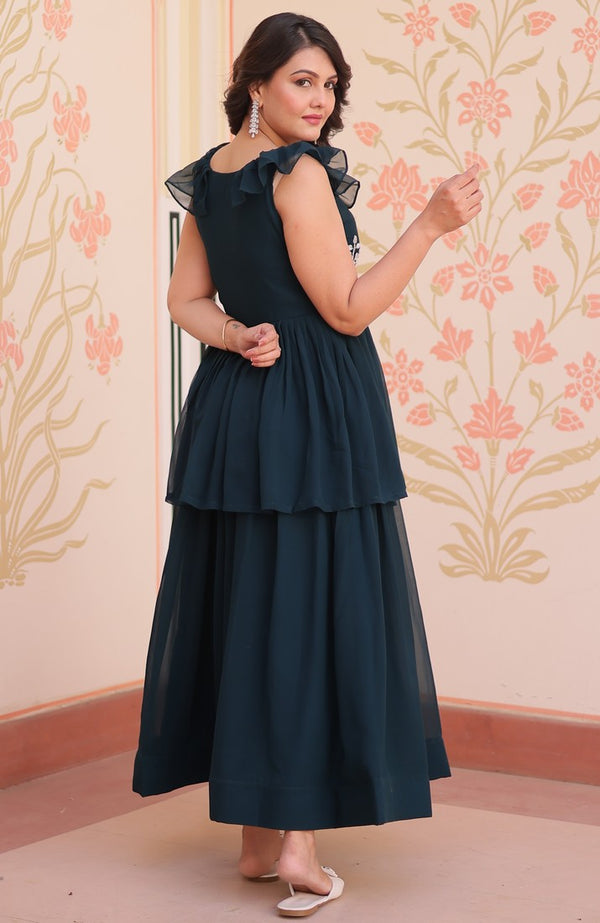 Ideal Teal Color Blooming Fabric Gown