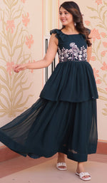 Ideal Teal Color Blooming Fabric Gown