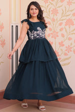 Ideal Teal Color Blooming Fabric Gown