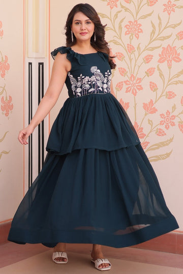 Ideal Teal Color Blooming Fabric Gown