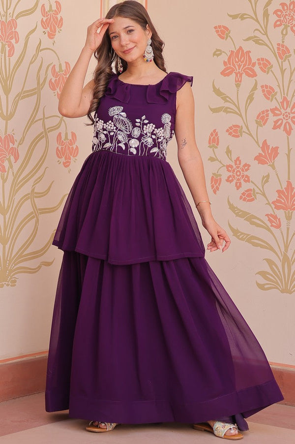 Ideal Purple Color Blooming Fabric Gown