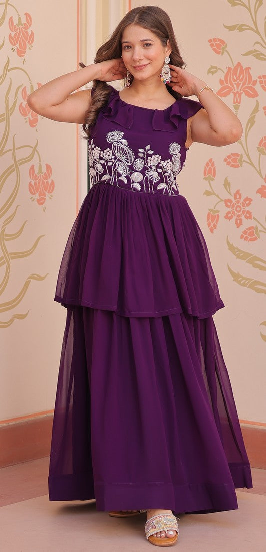 Ideal Purple Color Blooming Fabric Gown