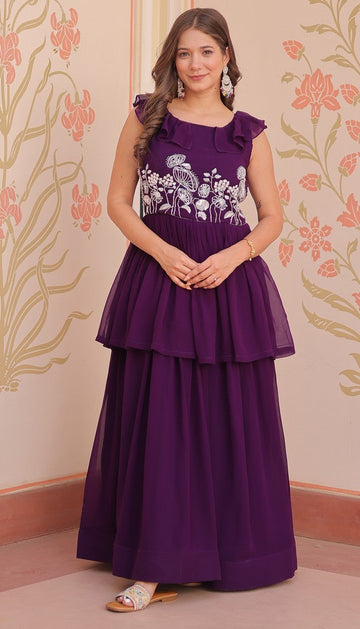 Ideal Purple Color Blooming Fabric Gown