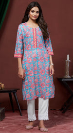 Amazing Aqua Color Cotton Fabric Kurti