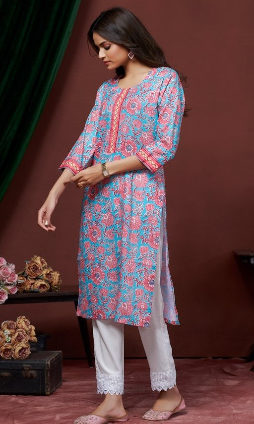 Amazing Aqua Color Cotton Fabric Kurti