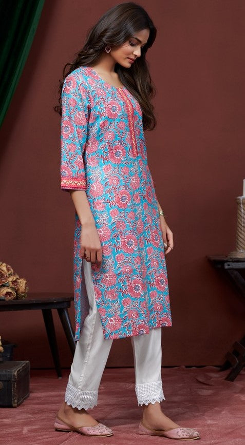 Amazing Aqua Color Cotton Fabric Kurti