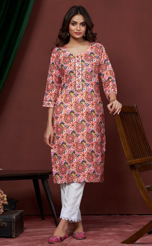 Amazing Peach Color Cotton Fabric Kurti