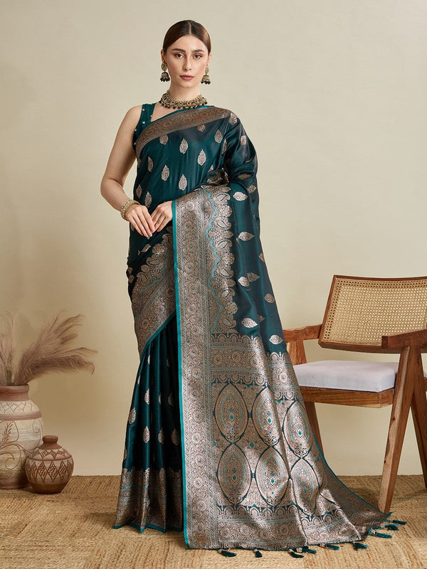 Beauteous Teal Color Silk Fabric Partywear Saree