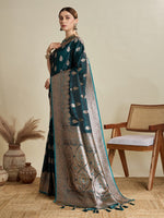 Beauteous Teal Color Silk Fabric Partywear Saree