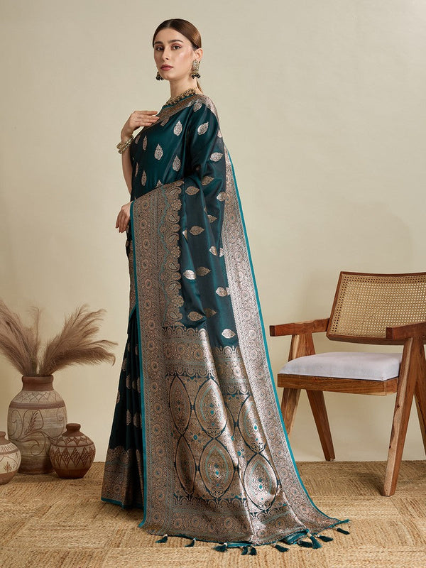 Beauteous Teal Color Silk Fabric Partywear Saree