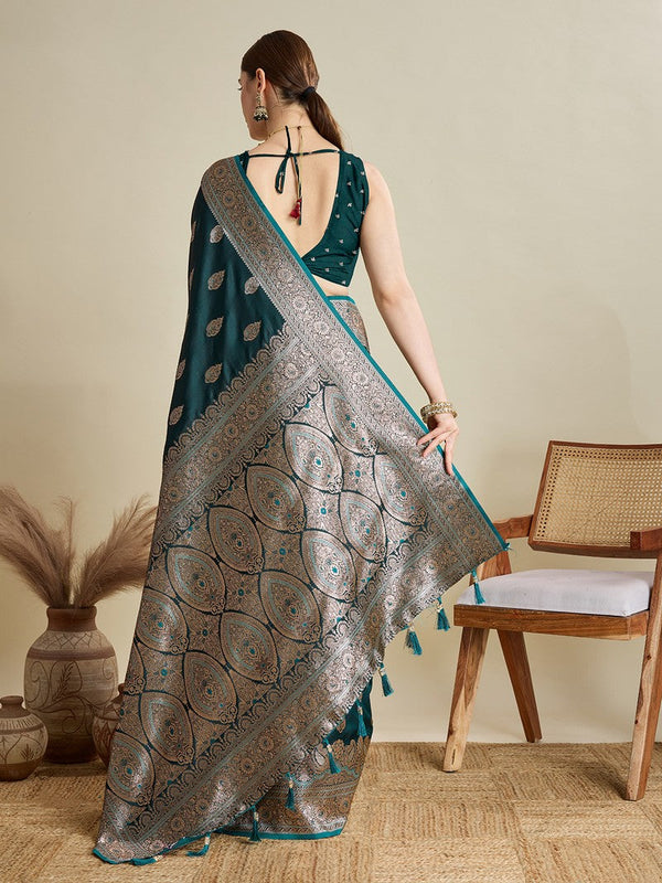 Beauteous Teal Color Silk Fabric Partywear Saree