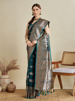 Beauteous Teal Color Silk Fabric Partywear Saree