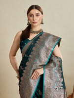 Beauteous Teal Color Silk Fabric Partywear Saree