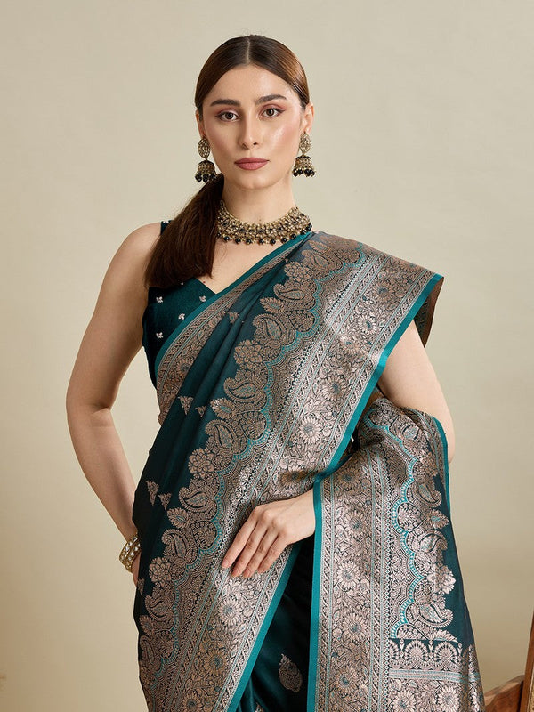 Beauteous Teal Color Silk Fabric Partywear Saree