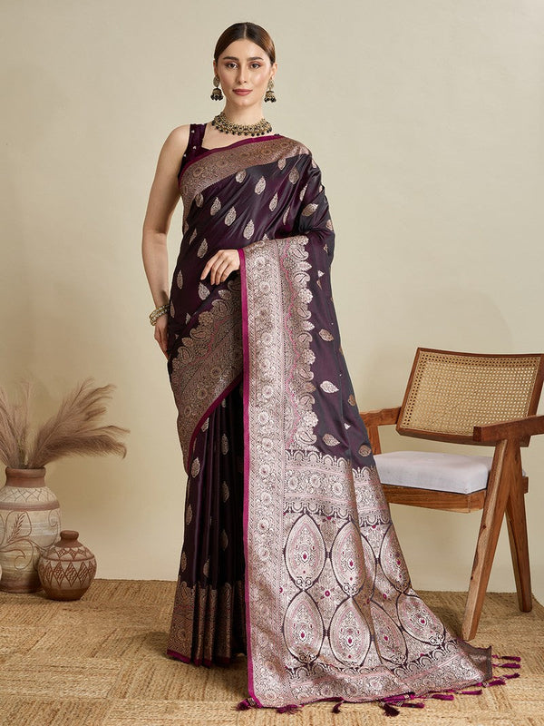 Beauteous Wine Color Silk Fabric Partywear Saree