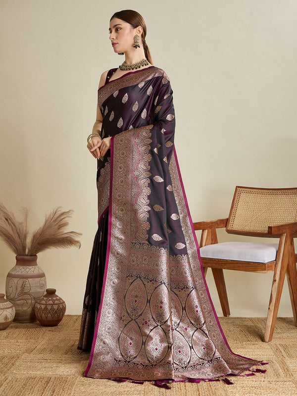Beauteous Wine Color Silk Fabric Partywear Saree