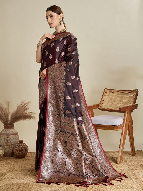 Beauteous Wine Color Silk Fabric Partywear Saree