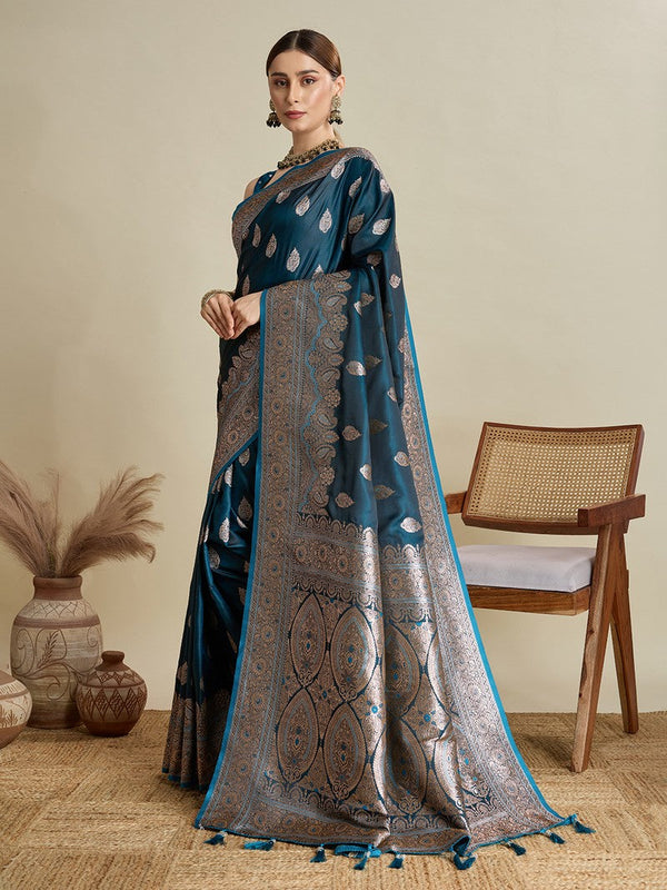 Beauteous Navy Blue Color Silk Fabric Partywear Saree