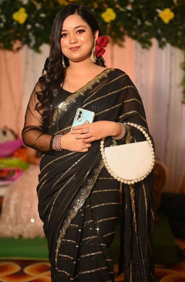 Elegant Black Color Georgette Fabric Partywear Saree