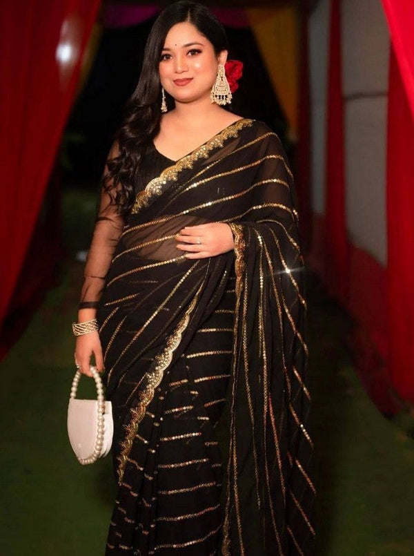 Elegant Black Color Georgette Fabric Partywear Saree