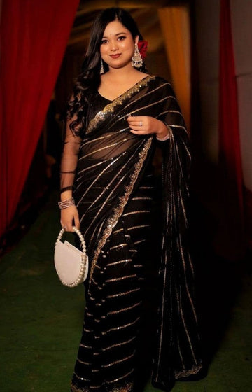 Elegant Black Color Georgette Fabric Partywear Saree