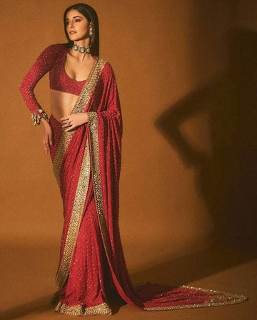 Elegant Red Color Georgette Fabric Partywear Saree