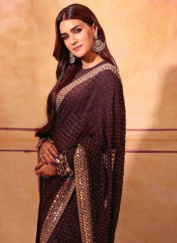 Elegant Voilet Color Georgette Fabric Partywear Saree