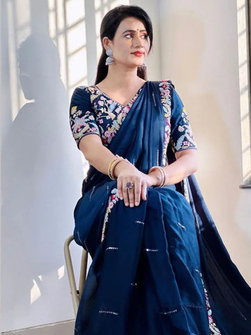 Beauteous Teal Color Chiffon Fabric Partywear Saree