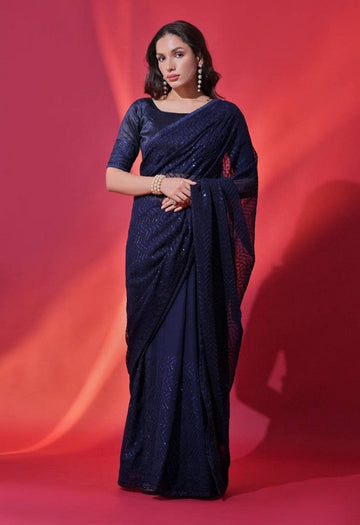 Elegant Navy Blue Color Vichitra Fabric Partywear Saree