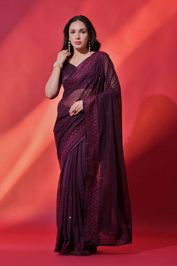 Elegant Wine Color Vichitra Fabric Partywear Saree