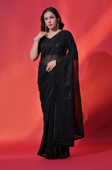 Elegant Black Color Vichitra Fabric Partywear Saree