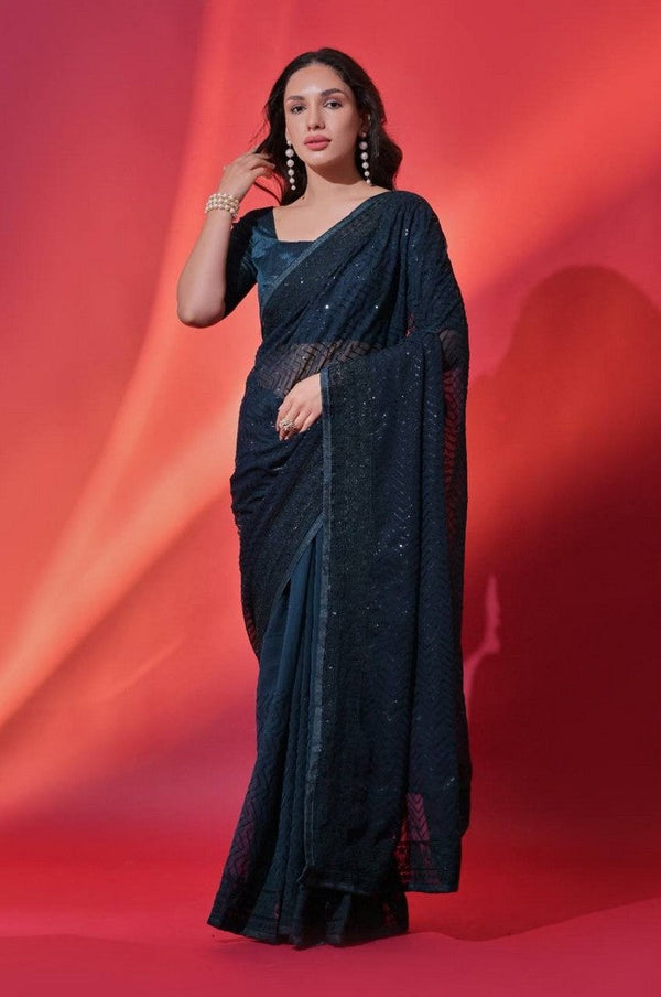 Elegant Teal Color Vichitra Fabric Partywear Saree