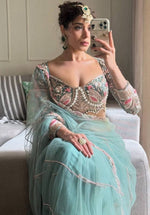 Amazing Aqua Color Net  Fabric Partywear Saree