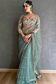 Amazing Aqua Color Net  Fabric Partywear Saree