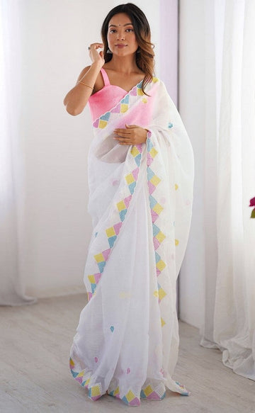 Amazing White Color Silk Fabric Partywear Saree
