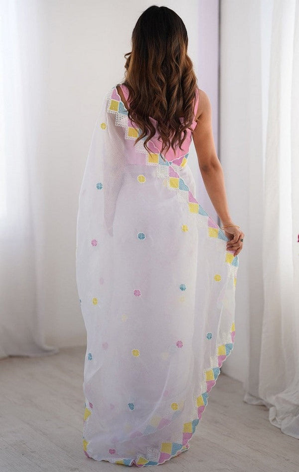 Amazing White Color Silk Fabric Partywear Saree