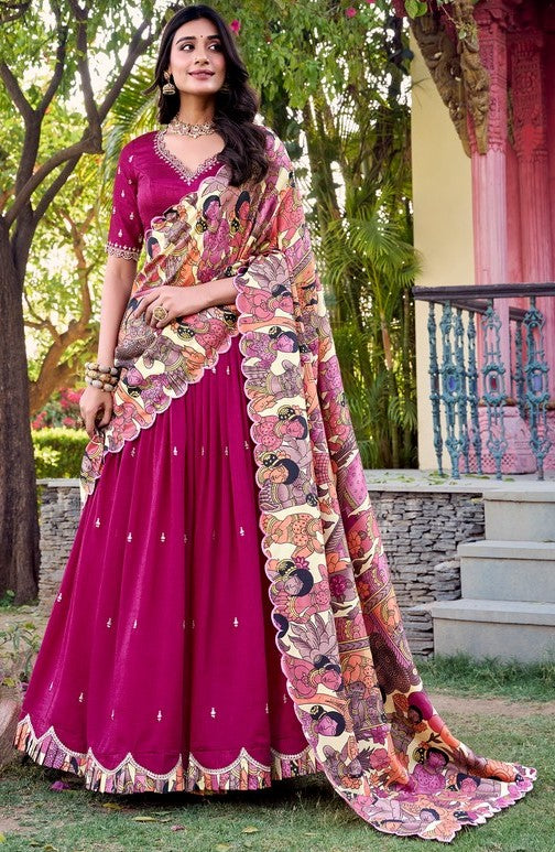 Striking Pink Color Vichitra Fabric Party Wear Lehenga