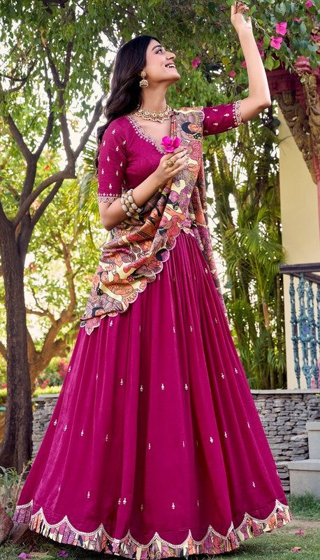Striking Pink Color Vichitra Fabric Party Wear Lehenga