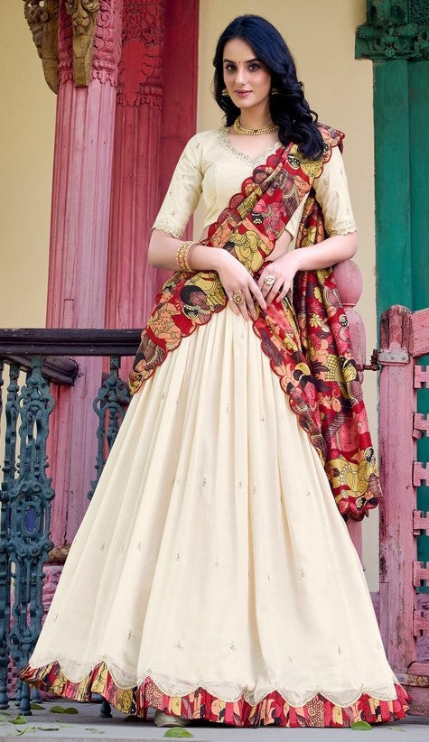 Striking Cream Color Vichitra Fabric Party Wear Lehenga