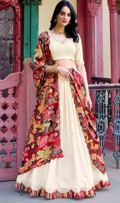 Striking Cream Color Vichitra Fabric Party Wear Lehenga