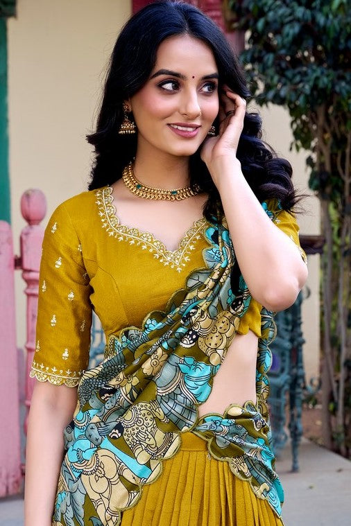 Striking Mustard Color Vichitra Fabric Party Wear Lehenga