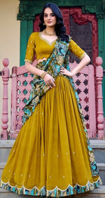 Striking Mustard Color Vichitra Fabric Party Wear Lehenga