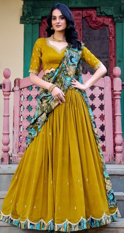 Striking Mustard Color Vichitra Fabric Party Wear Lehenga