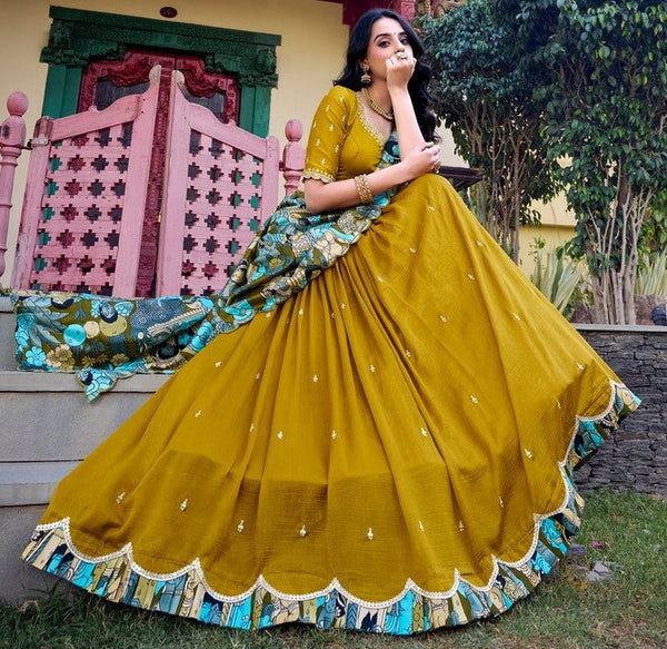 Striking Mustard Color Vichitra Fabric Party Wear Lehenga