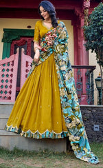 Striking Mustard Color Vichitra Fabric Party Wear Lehenga